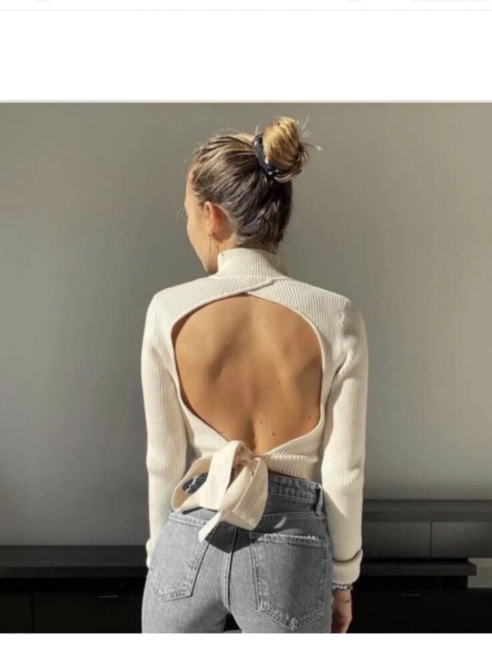 Zara Open Back Ribbed Knit Mock Neck Sweater Ivory